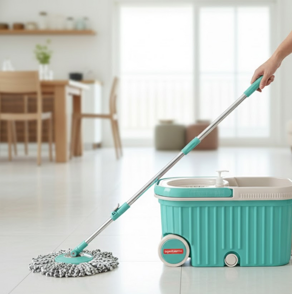Spin Mop with Bigger Wheels and Plastic Auto Fold Handle for 360 Degree Cleaning
